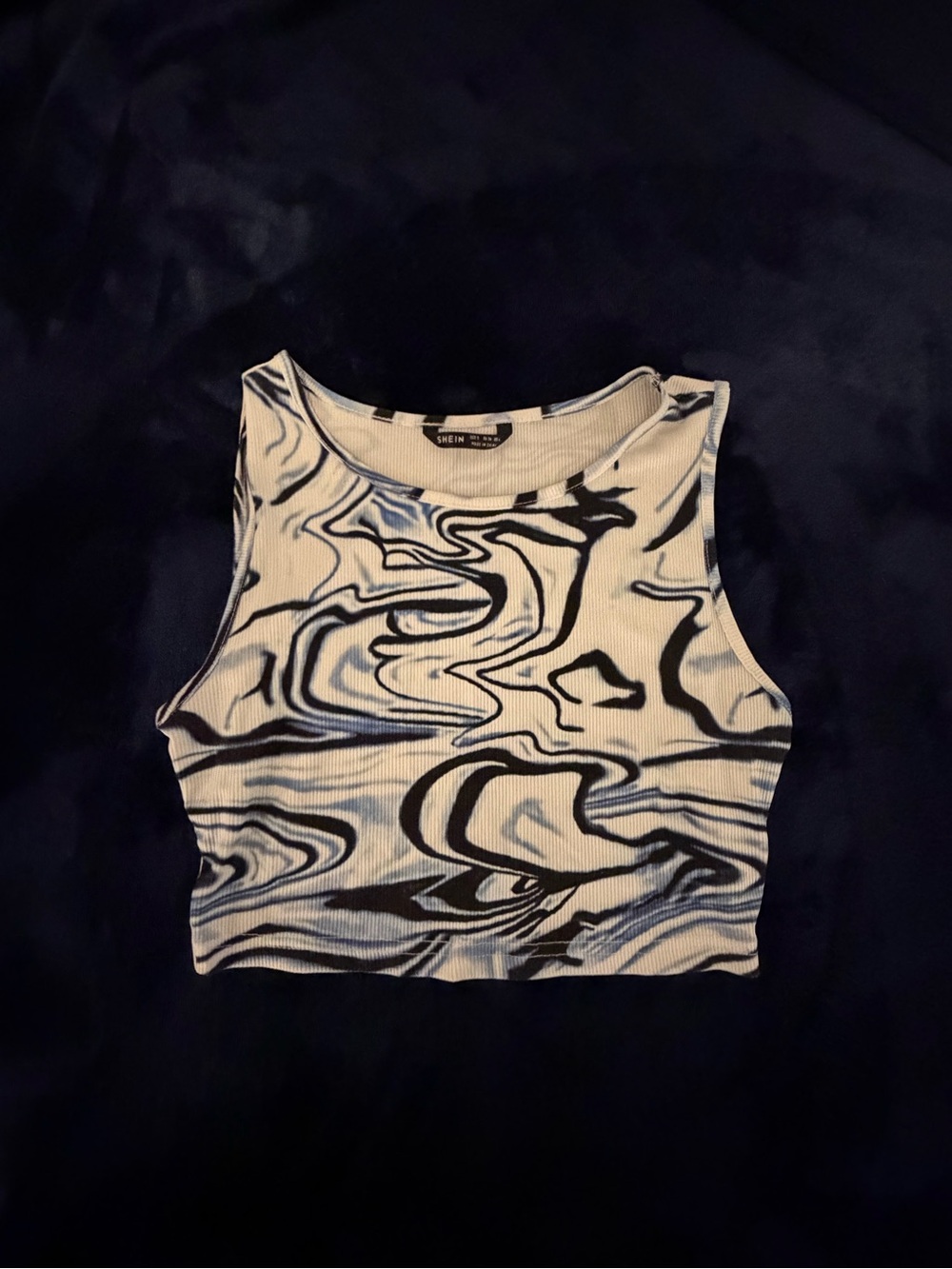 Wren Black, White & Blue Swirl Ribbed Cropped Tank